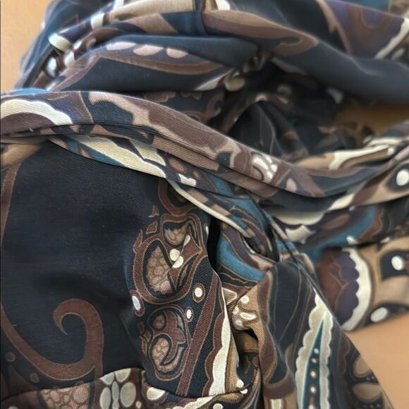 Hale Bob Brown Faux Wrap silk Dress with Bishop Sleeves size Large - Picture 14 of 14